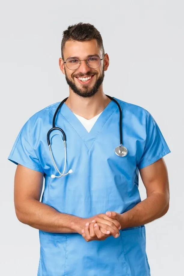 Dr. Daniel Brooks in blue scrubs with a stethoscope